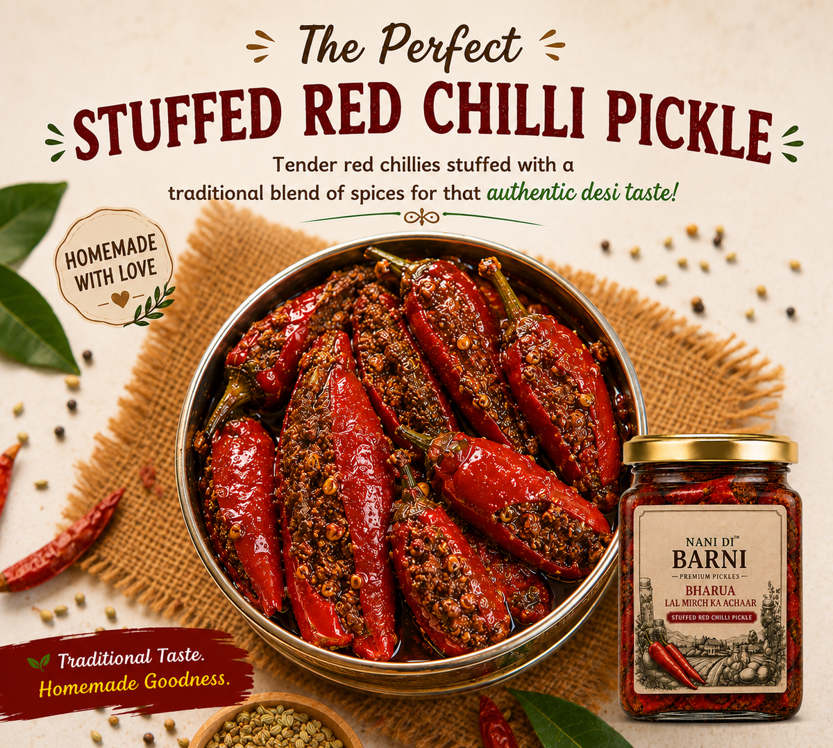 Red Chilli Pickle (Bharua Laal Mirch Pickle)